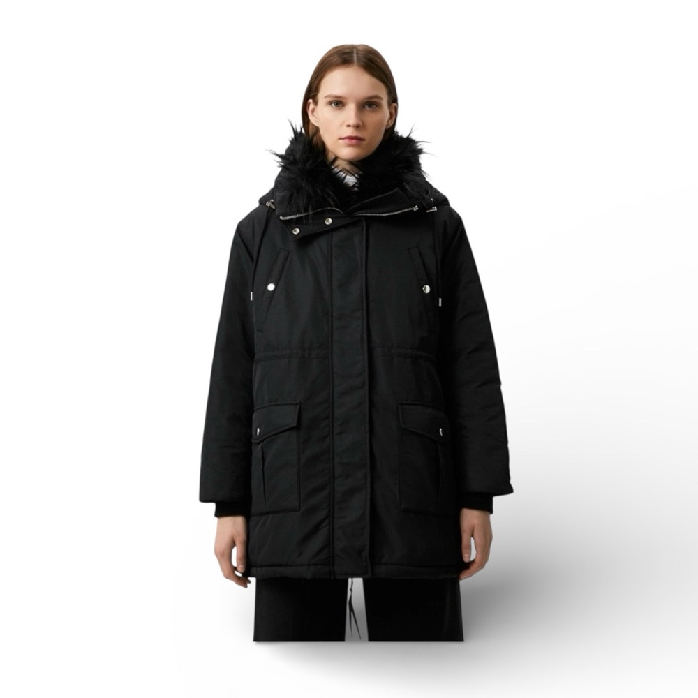 The Kooples Paris Black Faux Fur Hooded Puffer Parka Coat Size M Women’s NWT - Picture 2 of 11